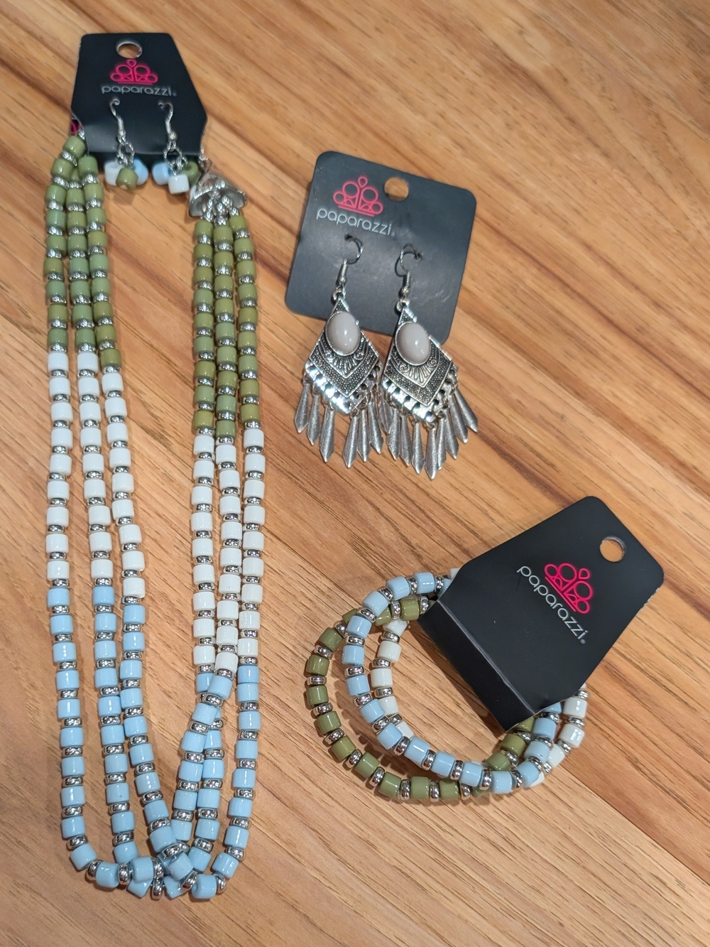 Paparazzi Olive & Light Blue Beaded Necklace, Earrings & Bracelet Set